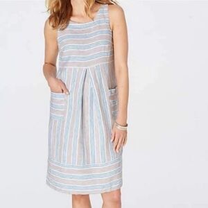 J Jill Linen Shift Dress Sz S Sleeveless Striped Blue White Pockets